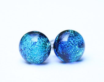 Blue Dihroic Earrings, Art Glass Earrings, Blue Glass Studs, Hand Made Glass, Unique Earrings, Fusing Glass, Gift for her, Blue Jewellery