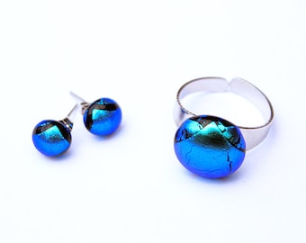 Blue Glass Earrings & Ring, Colorful Jewelry glass Set, Unique glass earrings, Glass fusing , Blue dichroic glass studs and ring, Blue Ring