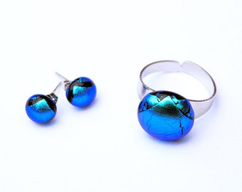Blue Glass Earrings & Ring, Colorful Jewelry glass Set, Unique glass earrings, Glass fusing , Blue dichroic glass studs and ring, Blue Ring