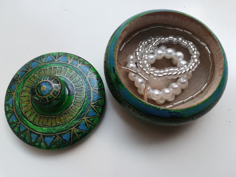 ORIGINAL Wooden Jewelry Box Art Deco Hand Painted Linden Wood Jewelry Box Round Container Affordable Gift Boho Green Treasure Chest