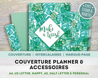 Cover and planner accessories to print tropical leaves style with cover, dividers, bookmark, pocket and stickers
