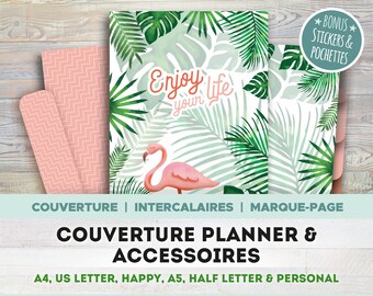 Couverture et accessoires planner à imprimer style tropical avec couverture, intercalaires, marque-page et stickers