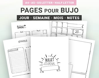 Pages illustrées à imprimer en français, calendrier mensuel avec planner semaine et agenda journalier non datés, kit pour support A5 ou A4