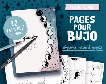 Printable illustrated pages in French on the theme moon & magic to color, calendars, planners and pages to personalize, A4, A5