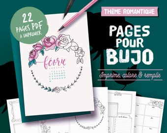 Pages illustrées et imprimables en français, thème romantique & roses, à colorier, calendriers, planners et pages à personnaliser, A4, A5
