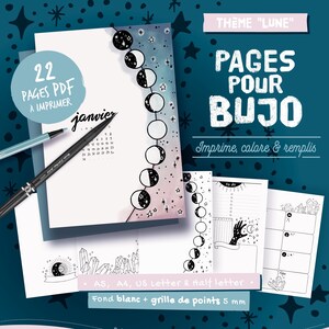May include: A printable PDF booklet with 22 pages for a bullet journal. The theme is "Lune" (French for "Moon") and features a watercolor background with a crescent moon and stars. The pages are designed for printing on A5, A4, US Letter, and Half Letter paper. The pages have a white background and a 5 mm dot grid.
