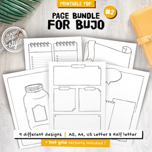 Illustrated pages to print and customize, 9 blank or dotted templates for notes and lists, A4 and A5 size planner inserts
