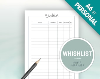 Wishlist to print to plan your shopping lists, gift ideas or desire to buy, page in French for A6 or Personal planner