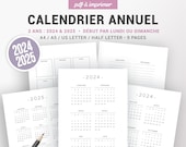 Calendrier annuel 2024 et 2025 à imprimer et page de notes annuelles, année présentée sur 1 ou 2 pages, insert pour planner format A4 et A5