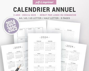 2024 and 2025 annual calendar to print and annual notes page, year presented on 1 or 2 pages, insert for planner A4 and A5 format