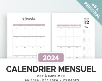 Printable 2024 monthly calendar, refill to print in French for Personal and A6 format planner, dated from January to December 2024