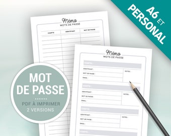 Mémo mots de passe à imprimer pour planner Personal et A6, insert pour noter identifiants et mots de passe de vos comptes ou sites internet