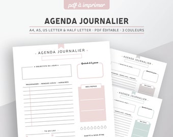Agenda journalier non daté à imprimer, PDF éditable pour recharge planner A5 ou A4 en français, 3 coloris inclus : rose, menthe et gris