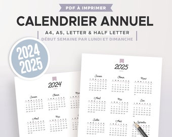 Calendrier annuel 2024 et 2025 imprimable, recharge à imprimer en français pour planner format A5 et A4, page de notes pour aperçu annuel