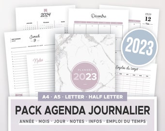 Kit agenda journalier 2023 à imprimer incluant calendrier annuel et mensuel, planner quotidien & autres recharges d'organiseur A5 et A4