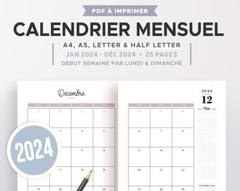 Calendrier mensuel 2024 imprimable, recharge planner 2024 datée, à imprimer en français pour agenda au format A5 et A4