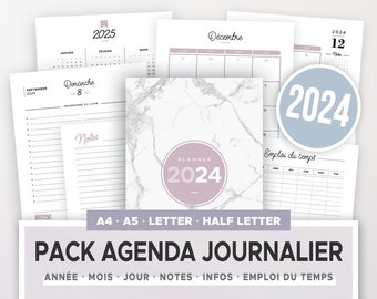 Kit agenda journalier 2024 à imprimer incluant calendrier annuel et mensuel, planner quotidien & autres recharges d'organiseur A5 et A4