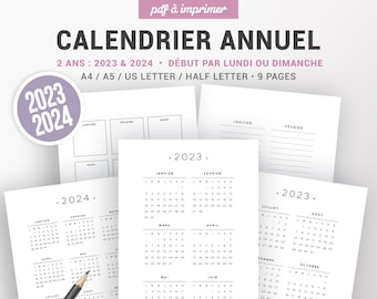 Calendrier annuel 2023 et 2024 à imprimer et page de notes annuelles, année présentée sur 1 ou 2 pages, insert pour planner format A4 et A5