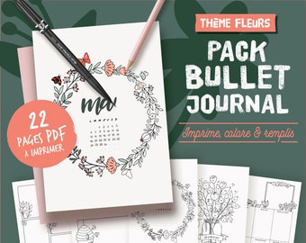 Bullet journal imprimable en français, thème fleurs, à colorier, calendriers, planners et pages à personnaliser, A4, A5