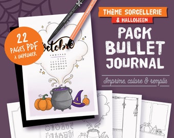 Bullet journal imprimable en français, thème sorcellerie & halloween à colorier, calendriers, planners et pages à personnaliser, A4, A5