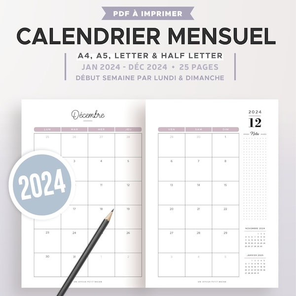 Calendrier mensuel 2024 imprimable, recharge planner 2024 datée, à imprimer en français pour agenda au format A5 et A4