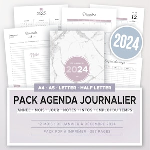 Kit agenda journalier 2024 à imprimer incluant calendrier annuel et mensuel, planner quotidien & autres recharges d'organiseur A5 et A4