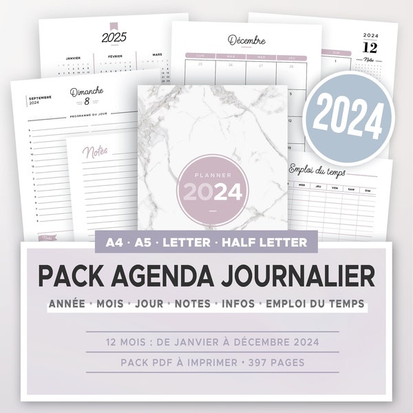 Kit agenda journalier 2024 à imprimer incluant calendrier annuel et mensuel, planner quotidien & autres recharges d'organiseur A5 et A4