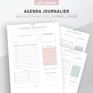 Pode incluir: Um modelo de planejador diário imprimível em rosa, azul e branco. O modelo inclui seções para objetivos, cronograma, refeições, lista de tarefas, saúde e bem-estar, e notas. O texto no modelo diz "Agenda Journalier" e "Un joyeux petit bazar".
