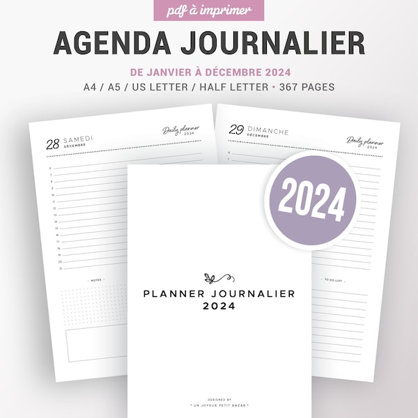 Agenda journalier 2024 imprimable, insert planner français pour organisation de planning, to do list, notes