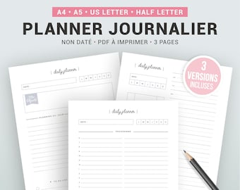 Perpetual Daily Planner to Print, Undated Insert for A5 or A4 Planner  Refill in French, 3 Different Layouts Included 