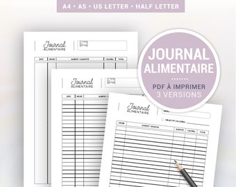 Printable food diary for daily meal and calorie tracking, 3 page templates for A5 and A4 planner