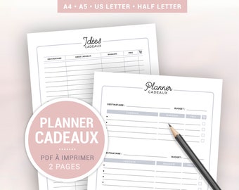 Printable gift planner to organize your purchases and gift ideas, pages in French to insert into an A4 and A5 diary or bullet journal