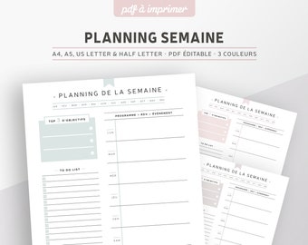 Undated weekly planner to print, editable PDF for A5 or A4 planner refill in French, 3 colors included: pink, mint and gray