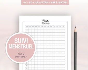 Suivi menstruel à imprimer pour noter les cycles d'ovulation et cycles périodiques, page en français pour bullet journal ou planner A5 & A4