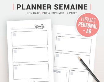 Może przedstawiać: Czarno-biały, drukowany planer tygodniowy z tekstem "Planner Semaine" i "Weekly Planner" w odręcznym stylu pisma. Planer jest podzielony na dwie strony, jedna dla poniedziałku do środy, a druga dla czwartku do niedzieli. Planer zawiera listę kontrolną i sekcję notatek.