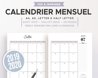 Calendrier Annuel 2019 Et 2020 Imprimable Recharge A Imprimer Etsy