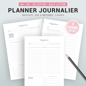 以下が含まれることがあります： 3つのバージョンが含まれた、印刷可能なデイリープランナーテンプレート。プランナーには、1日の計画、ToDoリスト、メモセクションがあります。ページの上部に「daily planner」というテキストがあります。