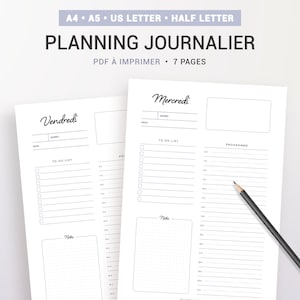 Planning journalier non daté à imprimer pour recharge de planner A5 et A4 perpétuel en français, 7 pages avec planning, notes et to do list