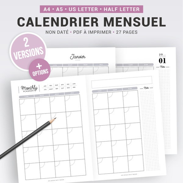 Perpetual calendar to print in French to organize your monthly schedule, refill for A5 or A4 planner, several options included