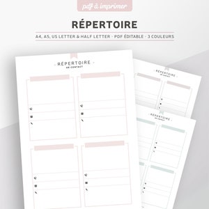 Telephone directory & address book to print, editable PDF, A5 or A4 planner refill in French, 3 colors: pink, mint, gray