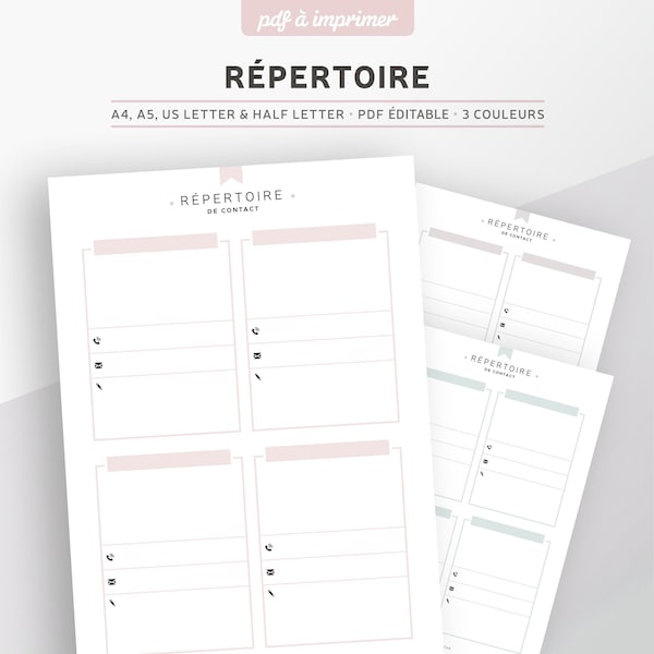 Répertoire téléphonique & carnet d'adresse à imprimer, PDF éditable, recharge planner A5 ou A4 en français, 3 couleurs : rose, menthe, gris