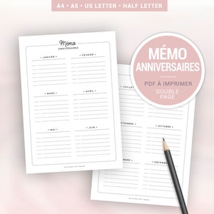 Mémo calendrier anniversaire à imprimer pour le suivi des dates anniversaires de l'année, 1 double page en français pour planner a5 ou a4