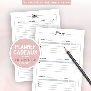 Peut inclure: Un planificateur imprimable pour organiser des idées de cadeaux. Le planificateur comprend des sections pour le destinataire, les idées de cadeaux, le magasin, le prix et le budget. Le texte sur le planificateur dit "Planner Cadeaux" et "PDF à Imprimer 2 Pages".