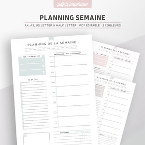 Undated weekly planner to print, editable PDF for A5 or A4 planner refill in French, 3 colors included: pink, mint and gray