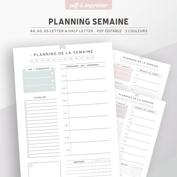 Planner semainier non daté à imprimer, PDF éditable pour recharge planner A5 ou A4 en français, 3 coloris inclus : rose, menthe et gris