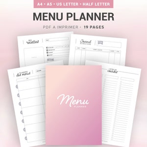 Peut inclure: Un fond dégradé rose et blanc avec un crayon noir et quatre pages imprimables pour la planification des repas. Les pages comprennent des sections pour la planification des repas, les listes d'épicerie, les recettes et un journal alimentaire. Le texte sur les pages est en français.