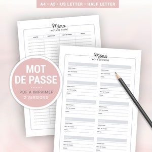 Mémo mots de passe à imprimer pour planner A5 et A4, insert pour noter identifiants et mots de passe de comptes ou sites internet, 2 designs