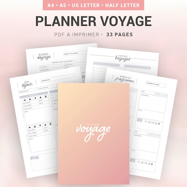 Planner voyage à imprimer pour organiser les séjours et les plannings de vacances, insert en français pour planner A5 ou A4