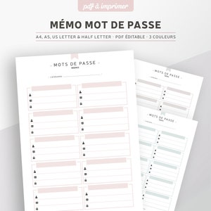 Lembrete de senha para imprimir, PDF editável para recarga de planejador A5 ou A4 em francês, 3 cores incluídas: rosa, menta e cinza