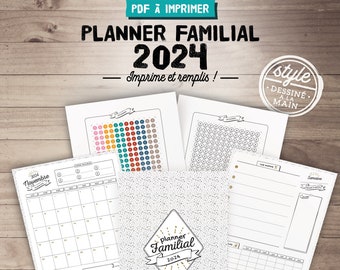 Organiseur familial 2024 à imprimer, planner de famille avec un calendrier mensuel et un planning hebdomadaire des tâches et menus